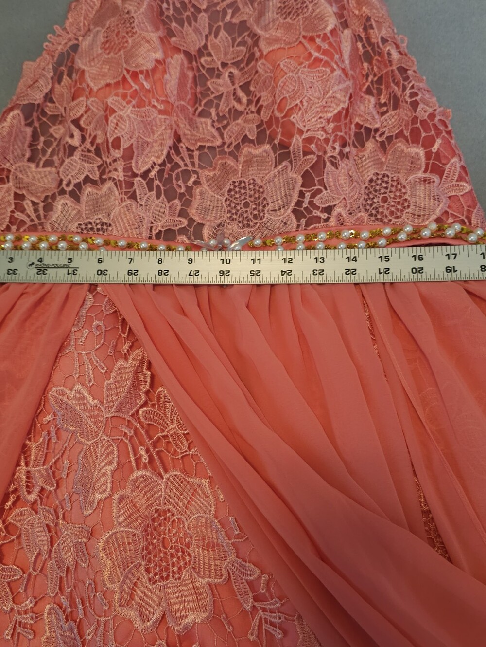 Coral Lace Mini Prom Dress Size 16 Chiffon Overskirt Train NWOT - Picture 9 of 13